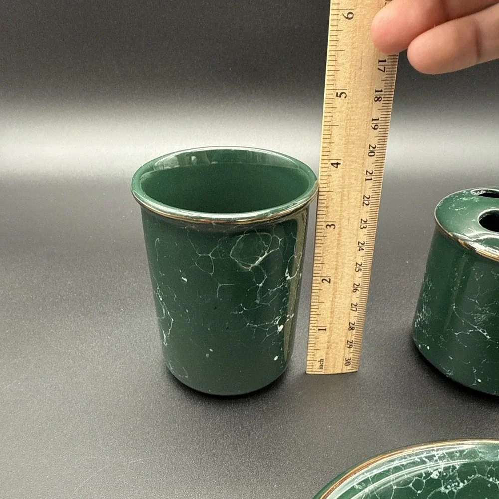 Green Marble Soap Dish Tumbler Toothbrush Holder Bathroom Set Vintage Gold Rim‎